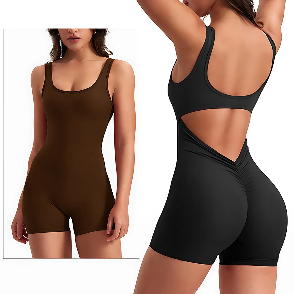 Women's Sleeveless Backless Yoga Bodysuit with High Waist Leggings - One Piece Fitness Set