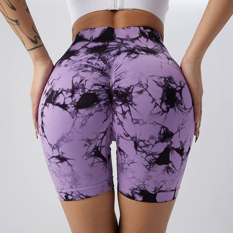 High Waist Seamless Tie Dye Bleach Butt Lift Sport Shorts for Women - Summer Yoga Fitness Cycling Gym Shorts