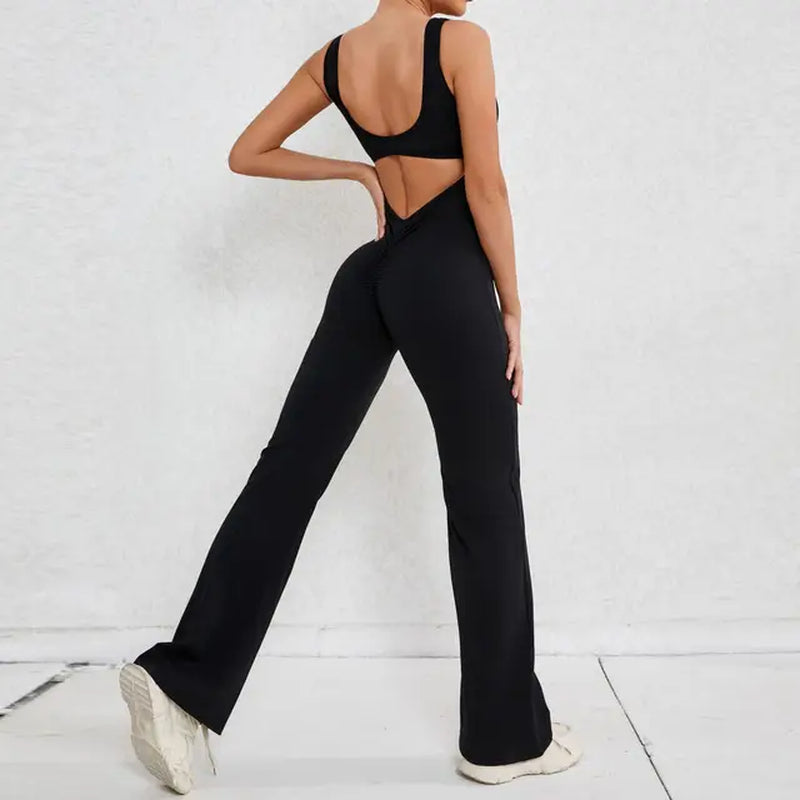 Sexy Hollow Backless Scrunch Gym Flare Jumpsuit Sport Casual Women One Piece Outfits Yoga Dance Jump Suit Black Fitness Overalls